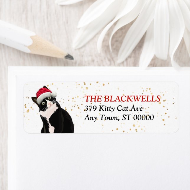Black and White Tuxedo Cat Santa Hat Address Label (Insitu)