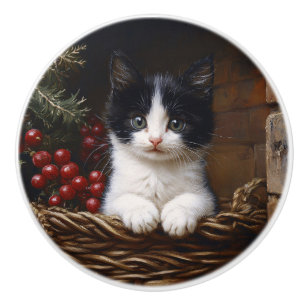 Black and White Tuxedo Cat Winter Scene Painting Ceramic Knob