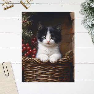 Black and White Tuxedo Cat Winter Scene Painting Postcard