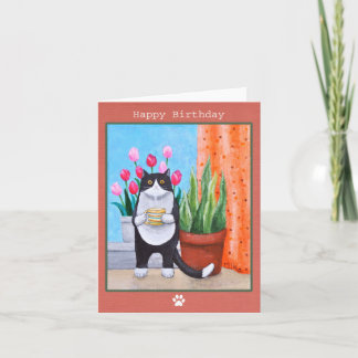 Black and white Tuxedo Cat with coffee Birthday Card