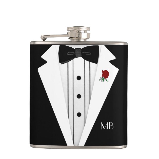 Black and White Tuxedo Groomsmen Hip Flask (Front)
