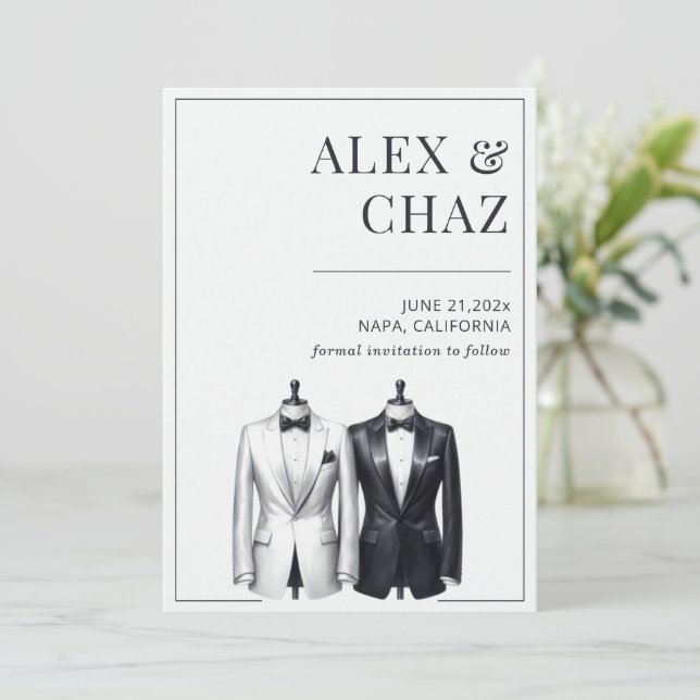 Black and White Tuxedo Save the Date (Standing Front)
