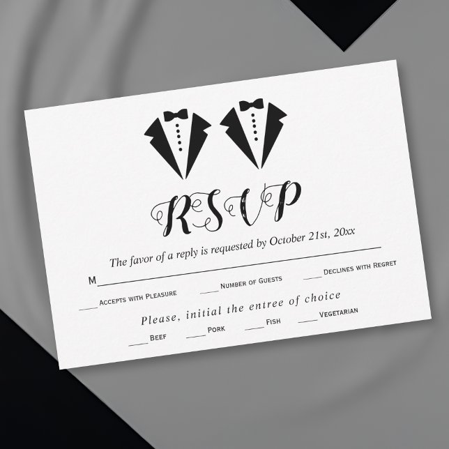 Black and white tuxedo two grooms gay wedding RSVP card (Creator Uploaded)