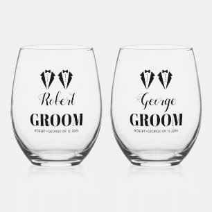 Black and white tuxedo two grooms gay wedding stemless wine glass