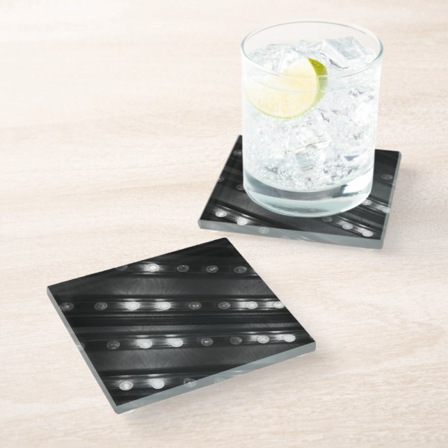 Black and White Twinkle Lights Glass Coaster (Angled)