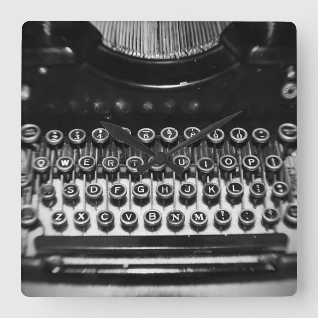 Black and White Typewriter Square Wall Clock (Front)