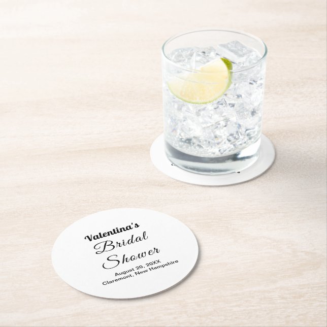 Black and White Typography Bridal Shower Round Paper Coaster (Insitu)
