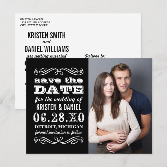 Black and White Typography Photo Save the Date Announcement Postcard (Front/Back)