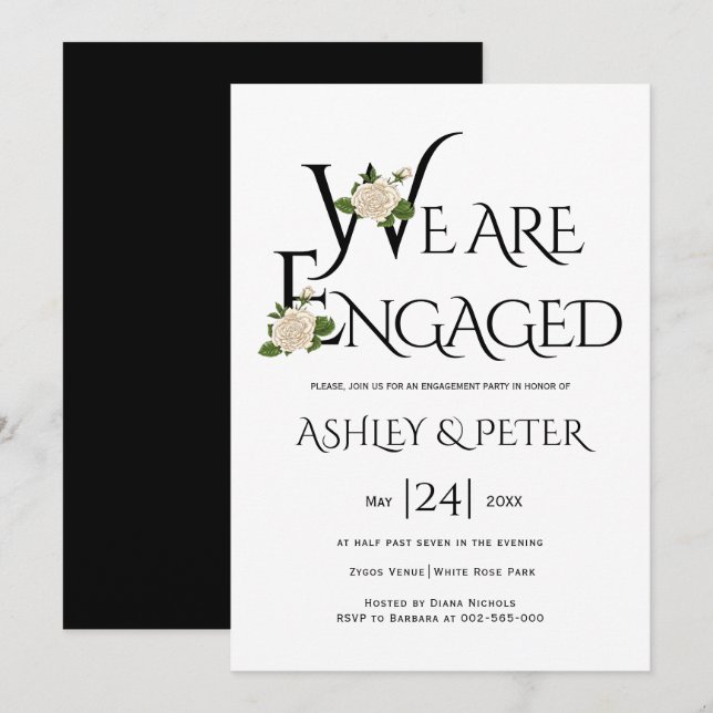 Black and white typography, rose engagement party invitation (Front/Back)