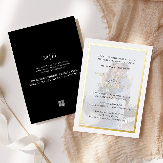Black and White Typography Simple Photo Real (Elegant photo overlay real gold foil wedding invitation. )