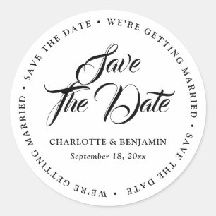 Black and White Typography Wedding Save The Date Classic Round Sticker