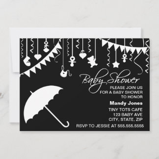 Black and white umbrella modern baby shower invitation