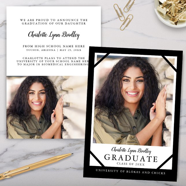 Black and White Unique Graduation Announcement (modern trendy 2 photo graduation announcement with simple modern minimalist design)