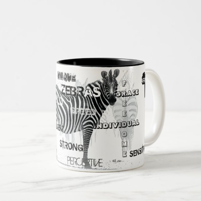 Black and White Unique Zebras Typography Two-Tone Coffee Mug (Front Right)