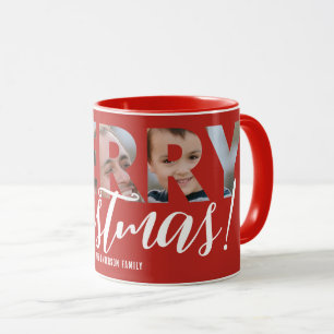 Black and White Upload Photo in Text Red Christmas Mug