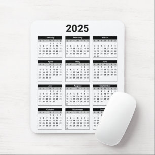 Black and White USA 2025 Yearly Calendar  Mouse Pad