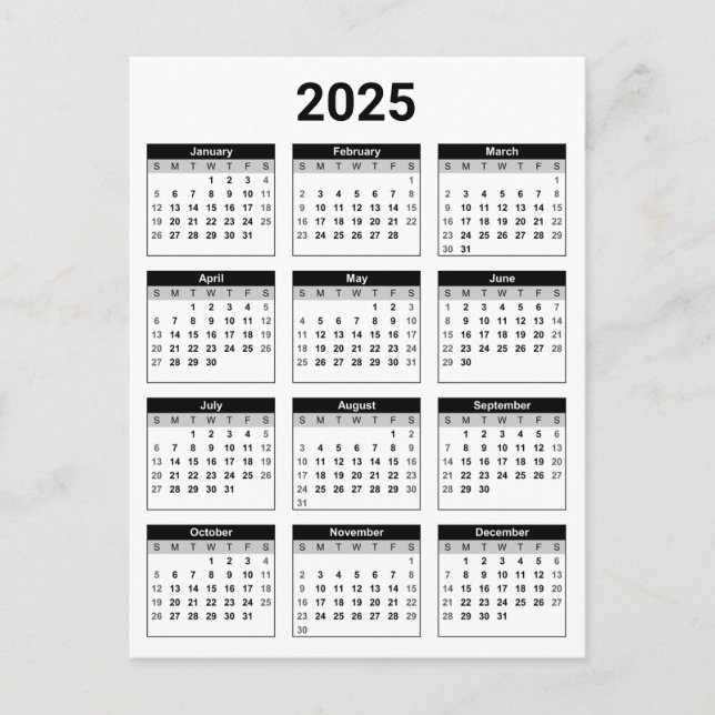Black and White USA 2025 Yearly Calendar  Postcard (Front)