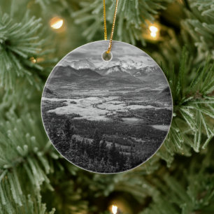 Black and White Valley, Rolling Mountain Ridges Ceramic Ornament