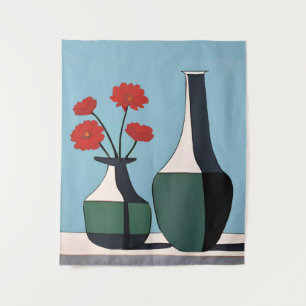 Black and White Vases with Red Flowers Tapestry