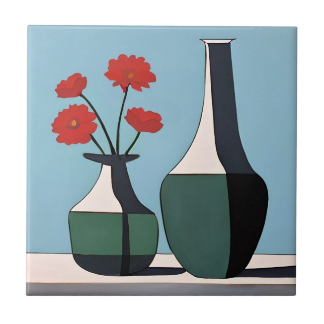 Black and White Vases with Red Flowers  Tile (Front)