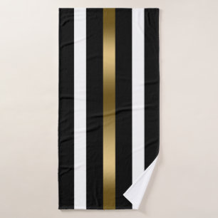 Black and white vertical stripes gold accents bath towel set