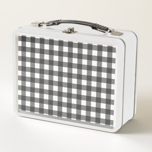 Black and White Vichy Print Gingham Pattern Metal Lunch Box (Front)