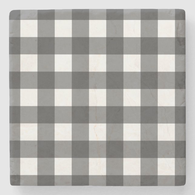 Black and White Vichy Print Gingham Pattern Stone Coaster (Front)