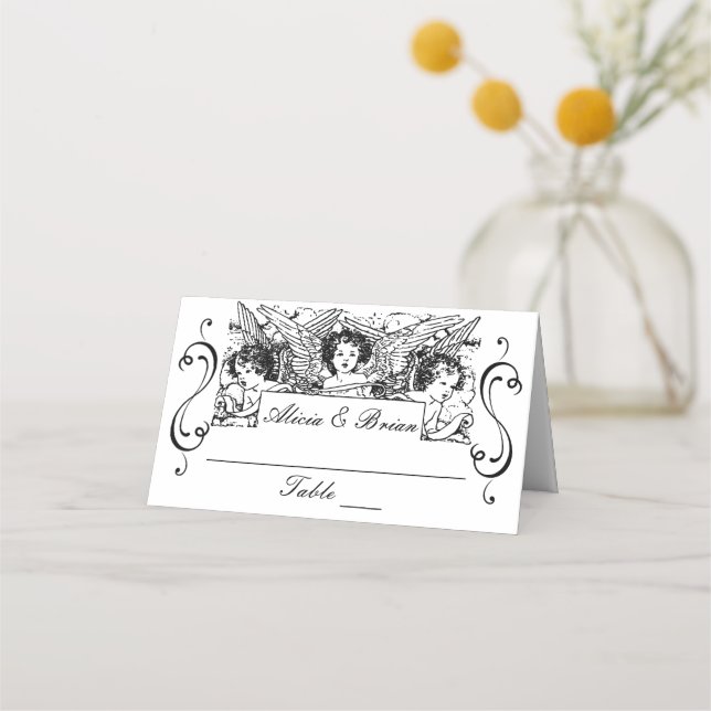 Black and White Victorian Cherubs Wedding Place Card (Front)