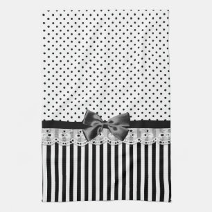 Black And White Victorian Stripes With Bow Kitchen Towel