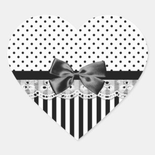 Black And White Victorian Stripes With Bow Lace Heart Sticker