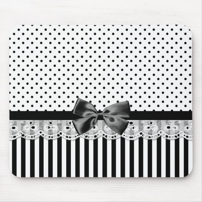 Black And White Victorian Stripes With Bow Mouse Pad (Front)