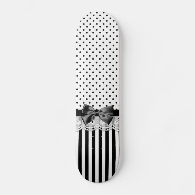 Black And White Victorian Stripes With Bow Skateboard (Front)