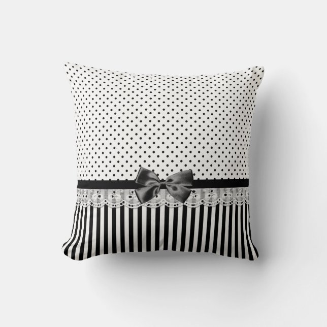 Black And White Victorian Stripes With Bow Throw Pillow (Front)