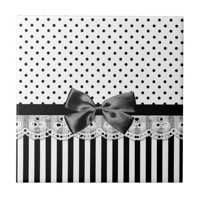 Black And White Victorian Stripes With Bow Tile (Front)