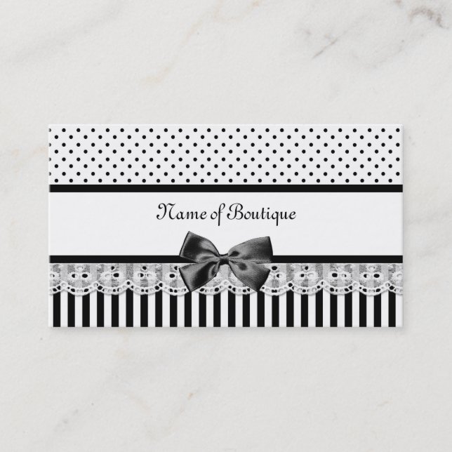 Black And White Victorian Stripes With Ribbon Business Card (Front)