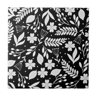 Black and White Vine Floral Pattern Tile