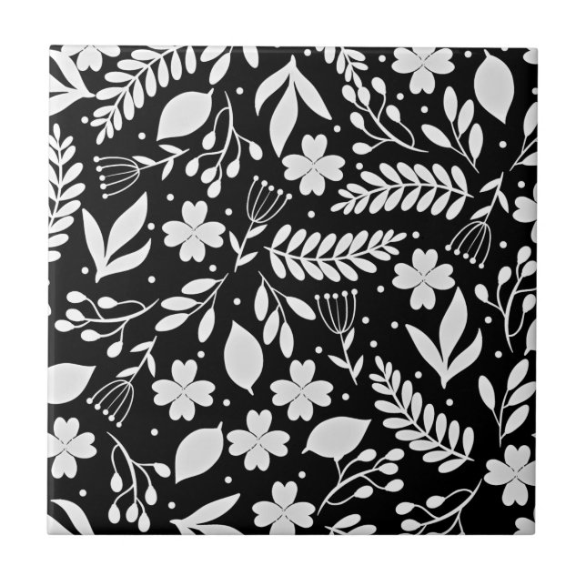 Black and White Vine Floral Pattern Tile (Front)