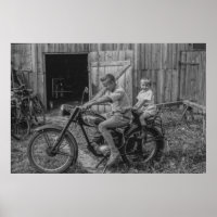 Black and White Vintage 2 Boys on a Motorcycle