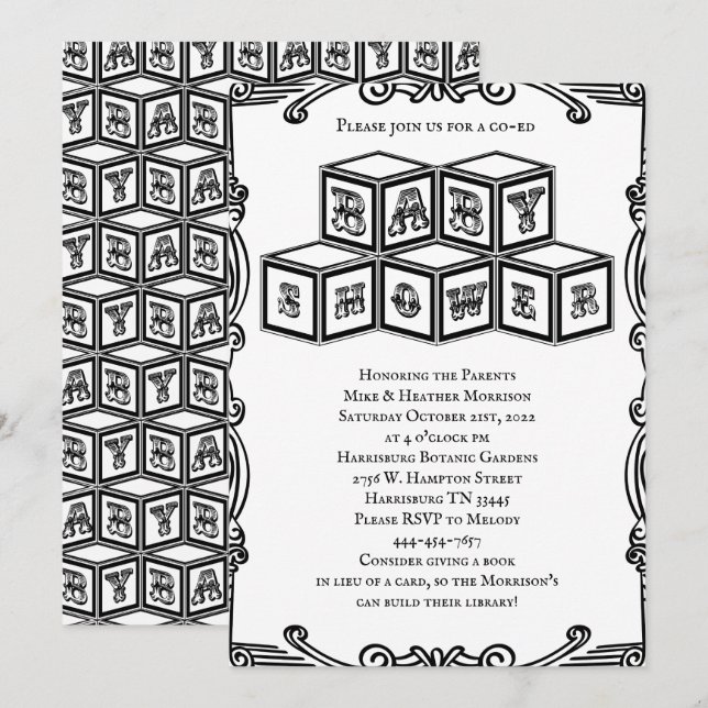 Black and White Vintage Blocks Baby Shower Invitation (Front/Back)