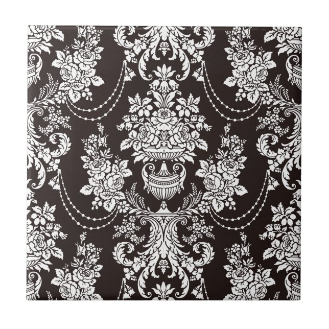 Black and white vintage  damask pattern customize tile (Front)
