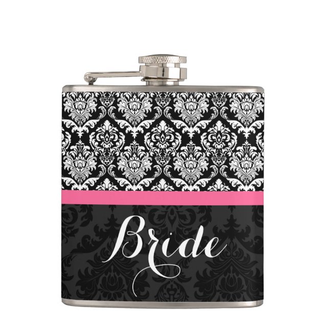 Black And White Vintage Damasks Bride Hip Flask (Front)