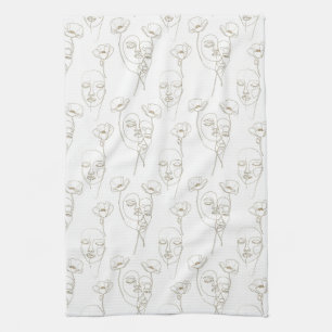 Black and White Vintage Floral Face Line Pattern 1 Kitchen Towel