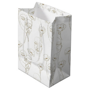 Black and White Vintage Floral Face Line Pattern 1 Medium Gift Bag