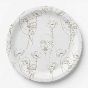 Black and White Vintage Floral Face Line Pattern 1 Paper Plate
