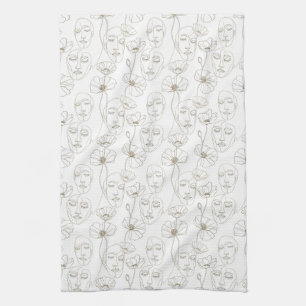 Black and White Vintage Floral Face Line Pattern 2 Kitchen Towel