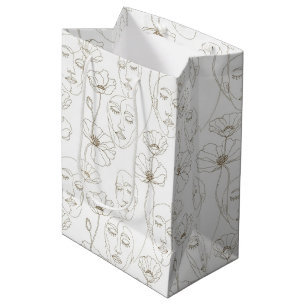 Black and White Vintage Floral Face Line Pattern 2 Medium Gift Bag