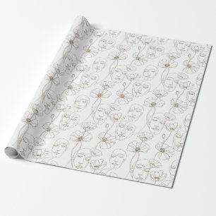 Black and White Vintage Floral Face Line Pattern 2 Wrapping Paper