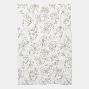Black and White Vintage Floral Face Line Pattern 3 Kitchen Towel