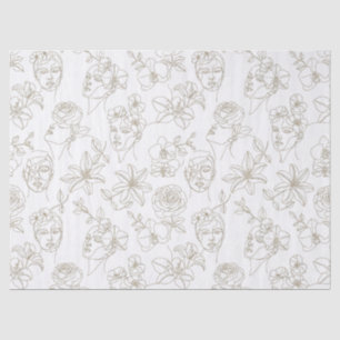 Black and White Vintage Floral Face Line Pattern 3 Tissue Paper