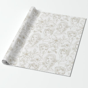 Black and White Vintage Floral Face Line Pattern 4 Wrapping Paper